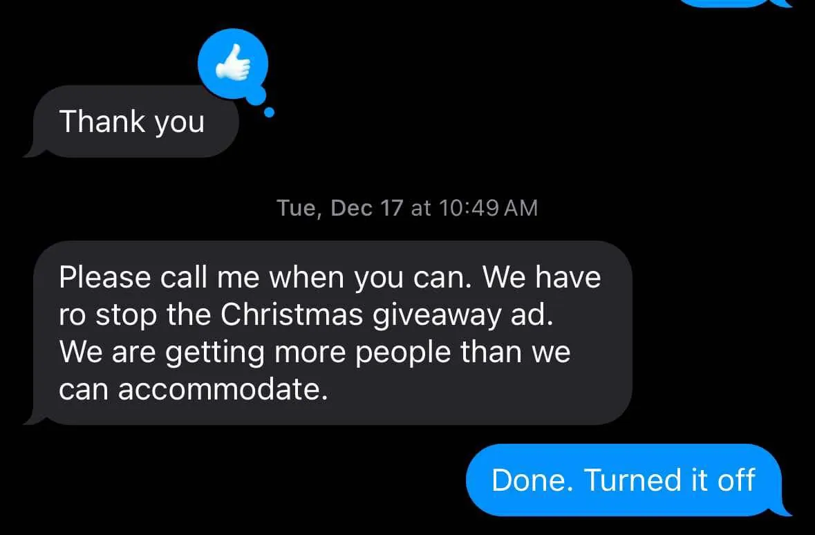 Results text message screenshot